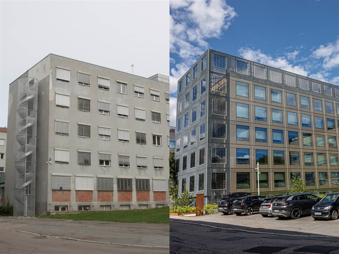 Before and after picture of the facade
